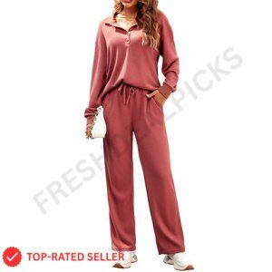 Oversized Waffle Knit Lounge Set Long Sleeve Pajama Sweatsuit Classic Comfort